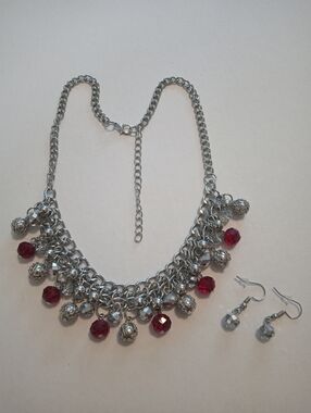 #1221.  Silver Toned, Red & Clear Glass Beaded Necklace And Earring Set.